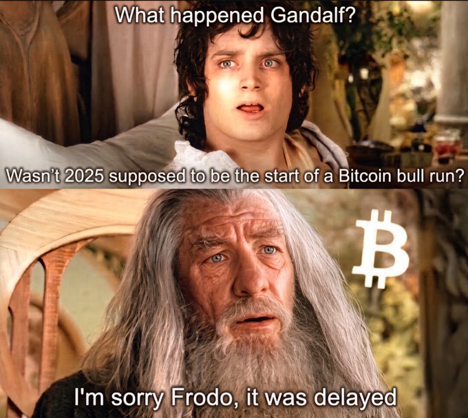 A Lord of the Rings meme featuring Frodo asking 'What happened Gandalf?' about the expected 2025 Bitcoin bull run, and Gandalf (with a Bitcoin logo) responding 'I'm sorry Frodo, it was delayed'.
