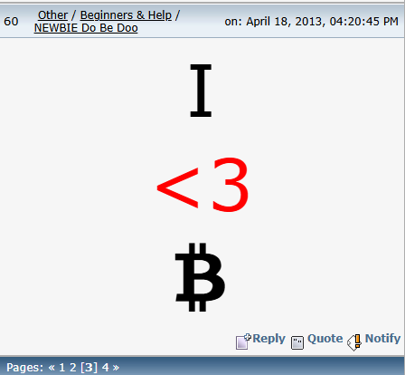 A screenshot of a forum post reads 'I <3 ₿', combining a heart symbol with the Bitcoin logo to show love for the cryptocurrency.