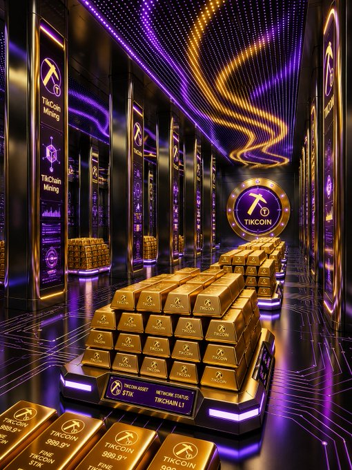 A futuristic, neon-lit corridor lined with glowing server racks labeled "TikCoin Mining" and "TikChain Mining" leads to a stack of gold bars engraved with the TikCoin logo, visually reinforcing the caption's emphasis on TikCoin's mining technology, blockchain foundation, and the $TIK-driven ecosystem.