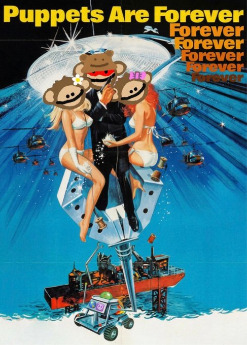 A retro-style poster titled "Puppets Are Forever" features a parody James Bond figure flanked by women wearing poop-emoji masks, standing on a giant die above an ocean scene with helicopters.