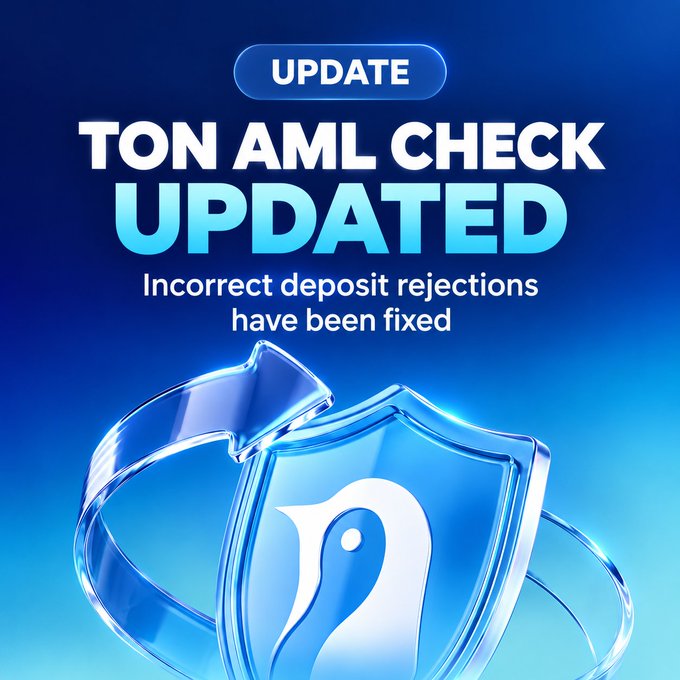 A promotional graphic with a blue background announces "UPDATE TON AML CHECK UPDATED - Incorrect deposit rejections have been fixed," featuring a 3D shield with the Pengu penguin logo.