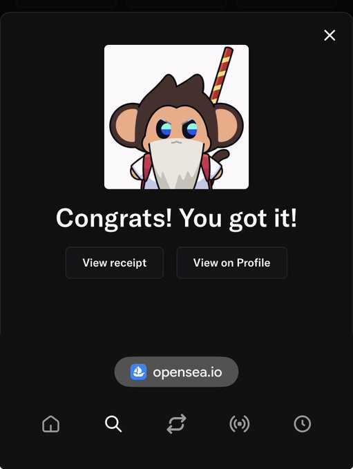 An OpenSea confirmation screen displaying "Congrats! You got it!" above a cartoon monkey NFT character holding a sword, with buttons for "View receipt" and "View on Profile."