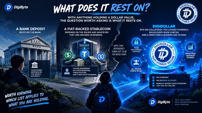 A DigiByte promotional infographic titled 'WHAT DOES IT REST ON?' comparing bank deposits and fiat-backed stablecoins to their new 'DIGIDOLLAR' product, emphasizing features like 'NO COMPANY,' 'NO RESERVE ACCOUNT,' and 'REAL COLLATERAL.'