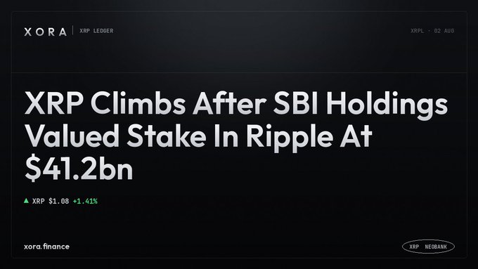 A financial news headline from Xora's XRP Ledger reads 'XRP Climbs After SBI Holdings Valued Stake In Ripple At $41.2bn' with XRP shown up +1.41% at $1.08.