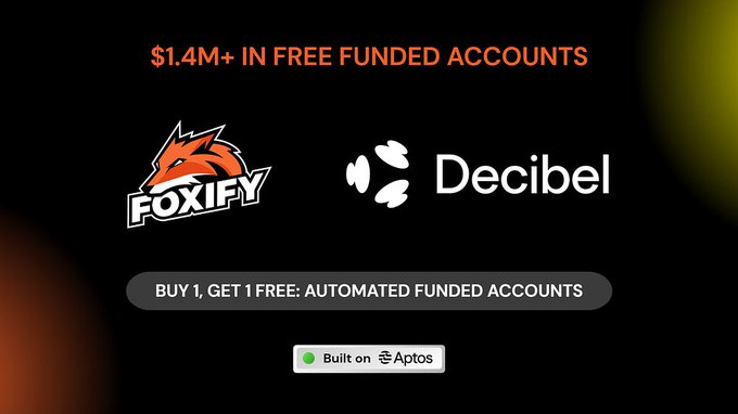A promotional graphic reading "$1.4M+ IN FREE FUNDED ACCOUNTS" with "FOXIFY" and "Decibel" logos and a "BUY 1, GET 1 FREE: AUTOMATED FUNDED ACCOUNTS" button, marked "Built on Aptos".