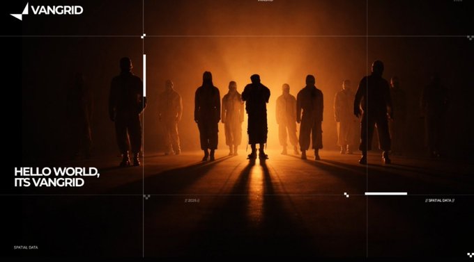 A dramatic promotional image for 'VANGRID' showing silhouetted figures in hooded jackets standing in orange backlight, with text 'HELLO WORLD, ITS VANGRID'.