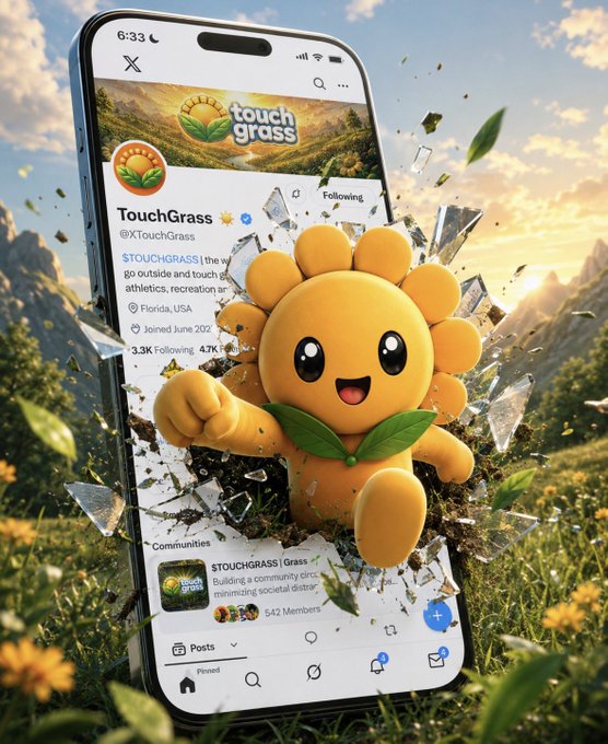 A stylized image showing a sunflower-mascot character bursting out of a smartphone displaying the X/Twitter profile of 'TouchGrass' (@XTouchGrass), which describes itself as going outside and touching grass with 3.3K followers.