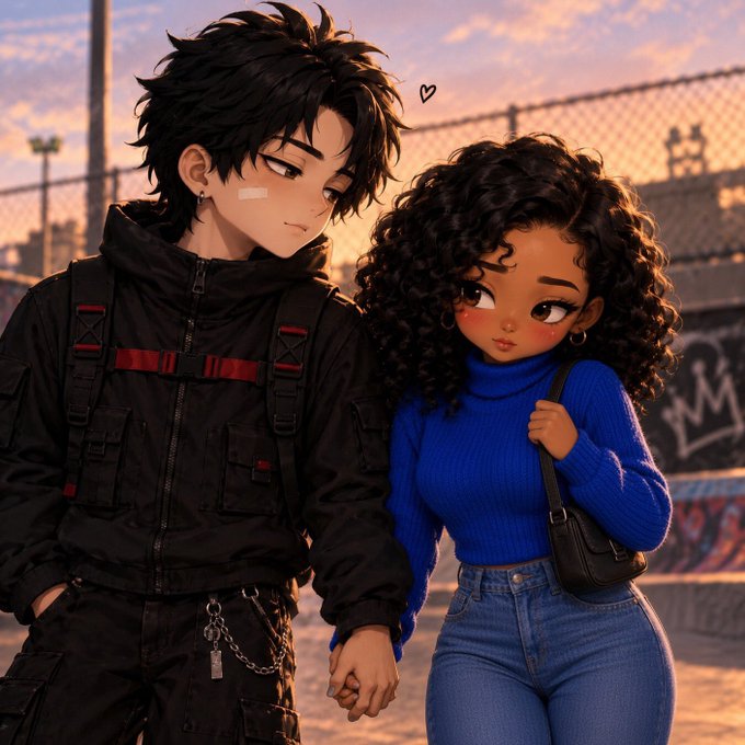 An anime-style digital illustration depicting a couple holding hands; the male character has messy black hair, a band-aid on his cheek, and wears dark clothing with chains, while the female character has dark curly hair, blue eyes, and wears a blue sweater.
