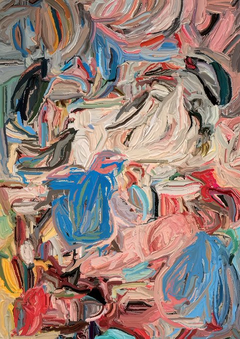 An abstract expressionist painting featuring thick, swirling brushstrokes in blue, pink, white, red, and green, resembling a chaotic and textured composition.