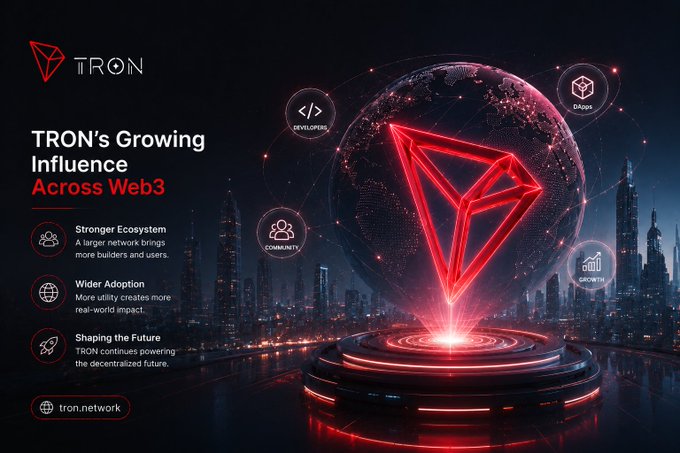A promotional graphic for "TRON" titled "TRON's Growing Influence Across Web3" highlights icons for "DEVELOPERS," "COMMUNITY," "SHIPS," and "GROWTH" alongside a glowing red TRON logo over a futuristic cityscape.