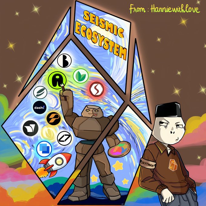 The image features a cartoon robot with a paintbrush, standing next to a person wearing a brown shirt who has a paint palette around their neck. The background of the image shows a colorful sky filled with stars and planets. The caption for the image reads "Wohoooo! Finaly i got Seismic Ecosystem series from my lovely friend @HngNguy58222 Thanks for made it for mee hann Lets keep vibing and make @SeismicSys more louds!".
