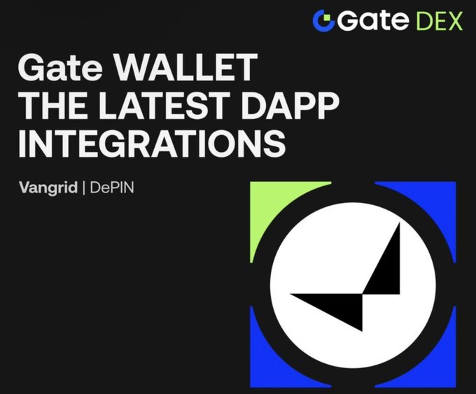 A promotional graphic for Gate DEX announcing 'Gate WALLET THE LATEST DAPP INTEGRATIONS' featuring Vangrid | DePIN with a compass-style logo.