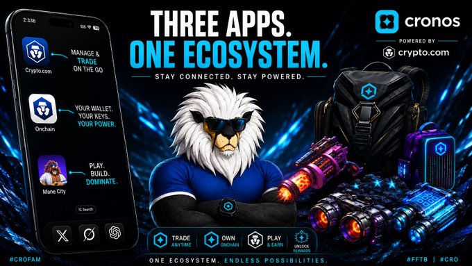 Cryptocurrency advertisement for Cronos powered by crypto.com, promoting "THREE APPS. ONE ECOSYSTEM" featuring Crypto.com, Onchain, and Mane City, with a white-haired anthropomorphic eagle mascot.