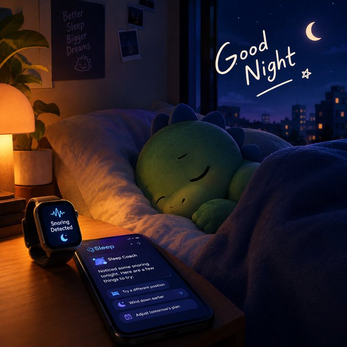 A cute green dinosaur plushie sleeps peacefully in bed beside a smartwatch displaying "Snoring Detected" and a smartphone showing a "Sleep Coach" notification reading "Noticed some snoring tonight. Here are a few things to try," with options like "Try a different position," "Wind down earlier," and "Adjust tomorrow's plan," while a "Better Sleep Bigger Dreams" poster and a window revealing a starry night sky with "Good Night" written across it emphasize the post's reflection on how sleep-tracking apps detect snoring and prompt users with helpful next steps.