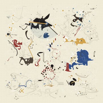 An abstract artistic illustration filled with various surreal elements, characters, and symbols scattered across a light background, reminiscent of Jean-Michel Basquiat's style.