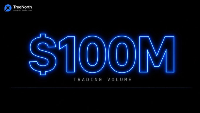A graphic with neon blue text reading '$100M TRADING VOLUME' featuring the TrueNorth Agents Brokerage logo.