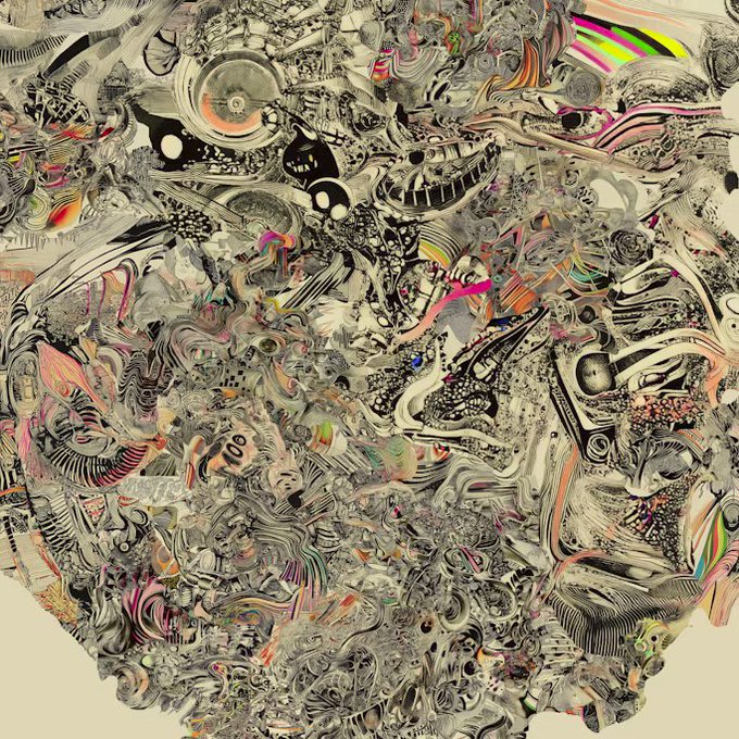 A complex abstract digital artwork featuring a dense, chaotic mix of black and white swirling patterns with small pops of neon pink, green, and yellow.