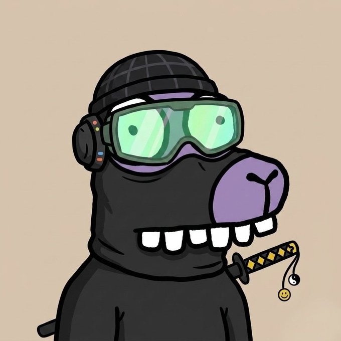 A cartoonish black creature wearing a checkered beanie, green goggles, and headphones holds a katana with a smiley face charm, fitting the playful, edgy NFT art style of the Hypz Club free mint collection mentioned in the post.