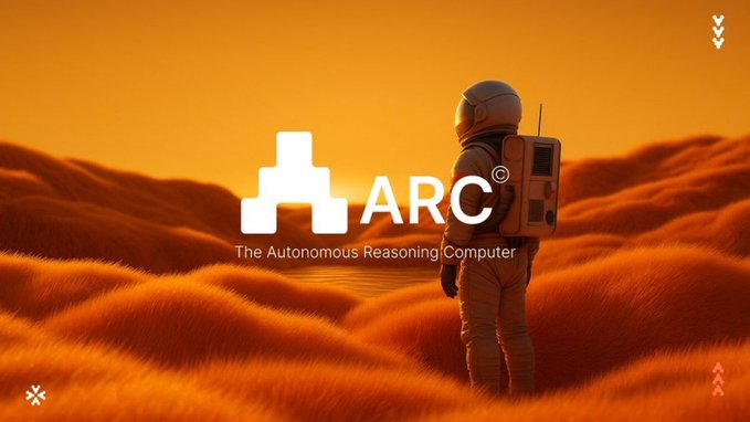 An astronaut in a spacesuit standing in an orange grassy landscape at sunset, with the logo 'ARC - The Autonomous Reasoning Computer' displayed in white.