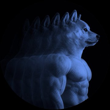 A muscular Shiba Inu with a row of spike-like fins along its back is depicted in a blue, X-ray-like glow, blending canine features with a creature-like silhouette. This stylized "Swoge Og" mascot matches the post's description of a new profile picture for the $RH community, merging the classic Doge imagery with a unique, powerful aesthetic.