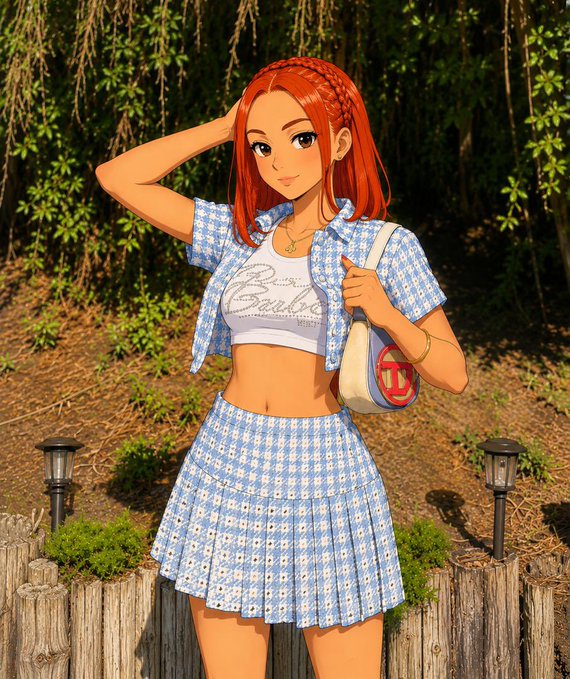 A red-haired anime-style woman poses confidently in a blue and white houndstooth patterned outfit (crop top, skirt, and overshirt) holding a cream-colored bag, standing in front of lush greenery and a wooden fence. The "Barbie" text on her top and the bag's "u" logo add playful branding touches, complementing the post's upbeat, weekend energy and determination to push through despite yesterday's setbacks.