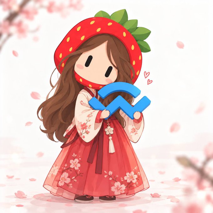 A cute chibi-style illustration shows a girl in a strawberry hood and red floral kimono holding a blue zigzag crypto symbol, with cherry blossoms in the background.