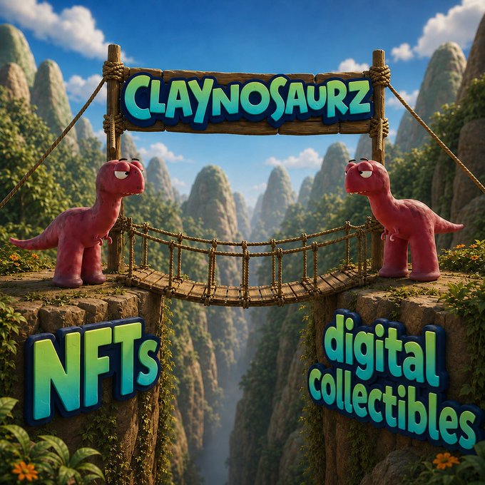 A 3D-rendered scene featuring two pink cartoon dinosaurs flanking a rope bridge between two cliffs, with a wooden sign reading "CLAYNOSAURZ," and text labels "NFTs" and "digital collectibles" on the cliff faces.
