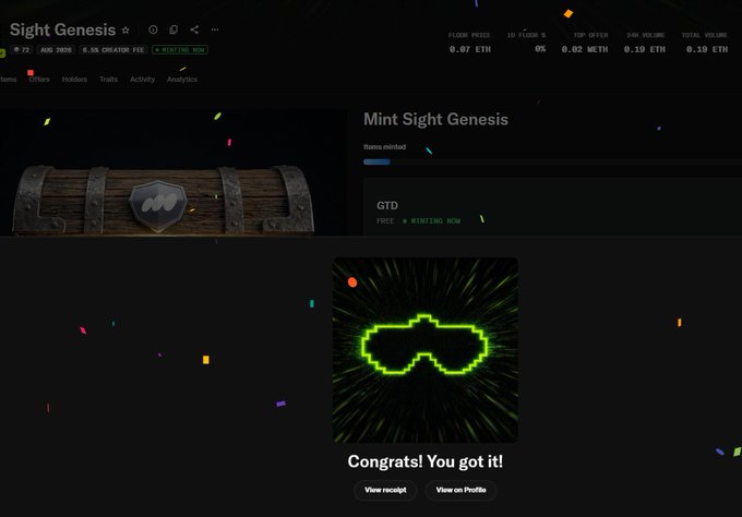 A screenshot of the 'Sight Genesis' NFT minting page showing a successful mint with a 'Congrats! You got it!' message and a pixelated green sunglasses graphic, with FLOOR PRICE of 0.07 ETH.