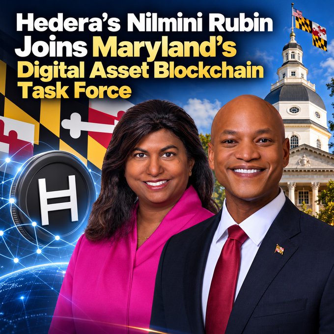 A promotional graphic announcing 'Hedera's Nilmini Rubin Joins Maryland's Digital Asset Blockchain Task Force,' featuring Nilmini Rubin alongside Maryland Governor Wes Moore, with the Hedera (HBAR) logo and the Maryland State House in the background.