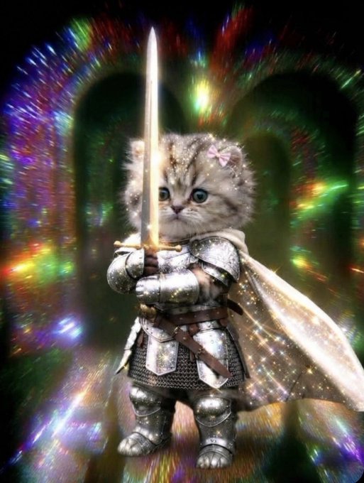 A fantasy digital artwork of a small kitten dressed in shining silver knight's armor, wielding a glowing sword against a psychedelic, colorful background.