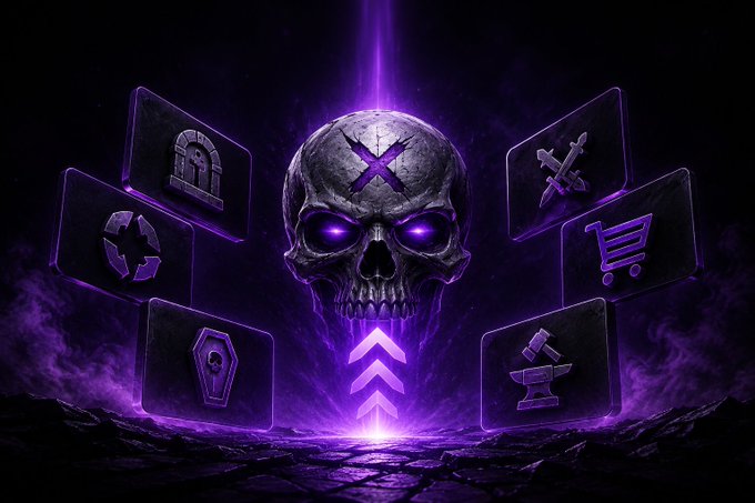 A dark, purple-themed graphic features a metallic skull with glowing purple eyes, an 'X' on its forehead, and floating icons including a shopping cart, coffin, and crossed swords, suggesting a gaming interface.