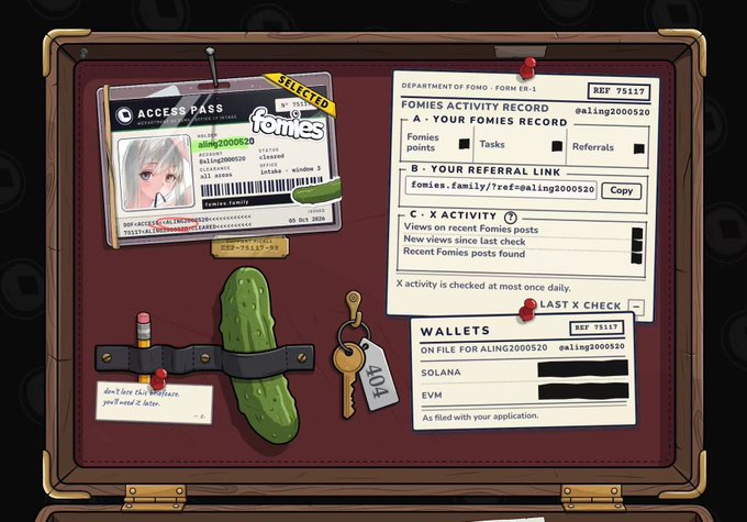 A stylized digital illustration of a brown briefcase containing an 'ACCESS PASS' ID card, a 'DEPARTMENT OF FOMO - FORM ER-1' activity record for '@aling2000520', a pickle, and a key labeled '404'.