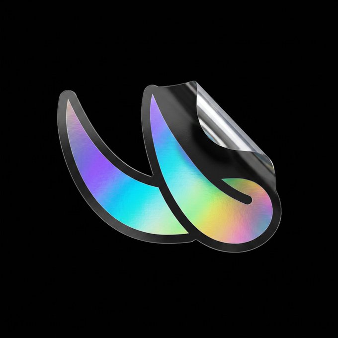 A holographic, iridescent sticker shaped like two stylized petals or leaves with a black outline, displayed against a black background.