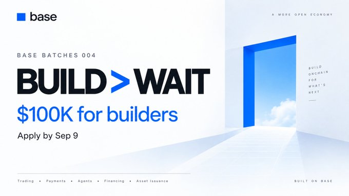 An advertisement banner for 'base' promoting 'BUILD > WAIT' with $100K for builders, including features like trading, payments, and agents.
