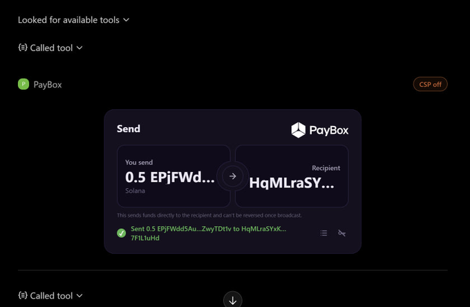The image shows a PayBox crypto transaction confirmation displaying a send of 0.5 EPjFWd... on Solana to recipient HqMLraSY..., with a note that the funds are sent directly and can't be reversed once broadcast. This relates to the post highlighting issues with the PayBox airdrop reopening through MoonPay, illustrating one of the transactions users are attempting despite reported connection errors and verification problems.
