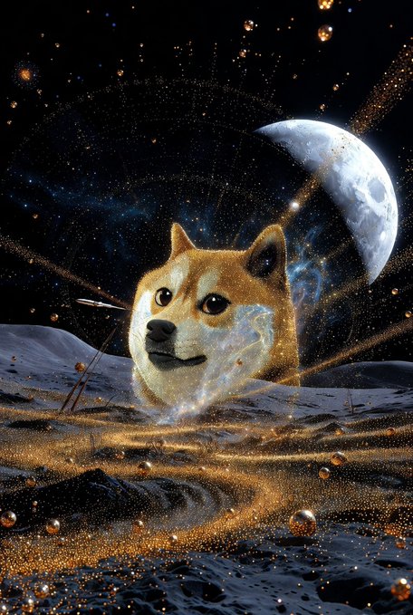 A digital artwork of a Shiba Inu dog set against a cosmic backdrop with a crescent moon, stars, and glowing golden particles.