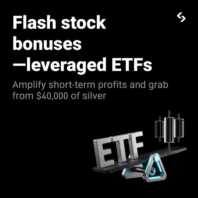 A promotional advertisement with the text 'Flash stock bonuses —leveraged ETFs, Amplify short-term profits and grab from $40,000 of silver,' featuring 3D rendered 'ETF' letters and candlestick graphics on a black background.