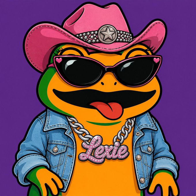 A cartoon orange frog wearing a pink cowboy hat with a star emblem, heart-shaped sunglasses, a denim jacket, and a sparkly chain that reads 'Levie'.