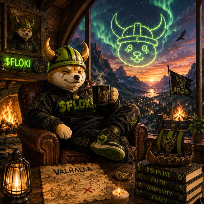 The image depicts a Shiba Inu mascot wearing a Viking helmet and $FLOKI branded apparel, lounging in a leather chair by a fireplace with a glowing "$FLOKI" Viking emblem in the aurora-filled sky, surrounded by items like a "Valhalla" map, books labeled "Discipline," "Faith," "Community," and "Legacy," and a longship displaying the $FLOKI flag. This ties directly to the post's message of $FLOKI's promising future, evoking the strength, heritage, and community-driven foundation that will fuel its continued growth.