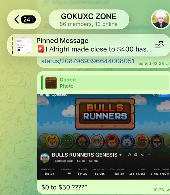 A Telegram group chat screenshot from "GOKUXC ZONE" (86 members, 13 online) shows a pinned message about earning nearly $400, along with a photo of the "Bulls Runners Genesis" NFT collection priced at $51.34 floor price with 27.8K 24H volume, captioned "$0 to $50 ????". The image visually supports the post's claim of price appreciation, while the message also promotes a whitelist giveaway for another project.