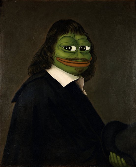 A classical-style portrait of a man in dark 17th-century clothing, but with his face edited to be a green Pepe the Frog meme face.