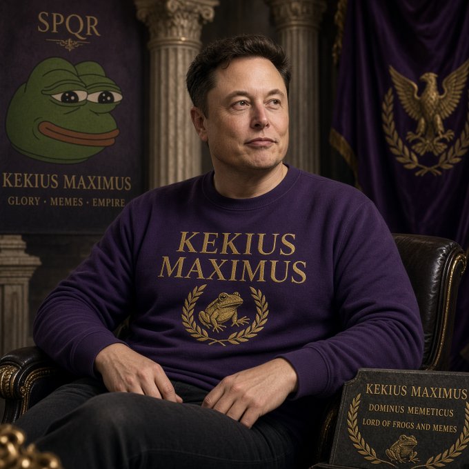 A man wearing a purple sweater with 'KEKIUS MAXIMUS' in gold lettering and a frog emblem, seated in front of Roman-style columns and banners; a plaque reads 'KEKIUS MAXIMUS - DOMINUS MEMETICUS - LORD OF FROGS AND MEMES'.