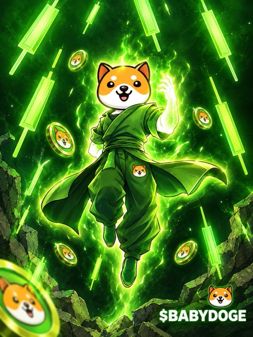 A stylized illustration of an anthropomorphic Shiba Inu dog in a green martial arts uniform surrounded by falling green lights and floating BabyDoge coins, with '$BABYDOGE' text at the bottom.