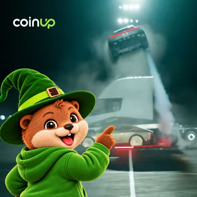 An animated bear mascot wearing a green wizard hat and hoodie pointing at a futuristic vehicle, with the 'coinup' logo in the top left corner.