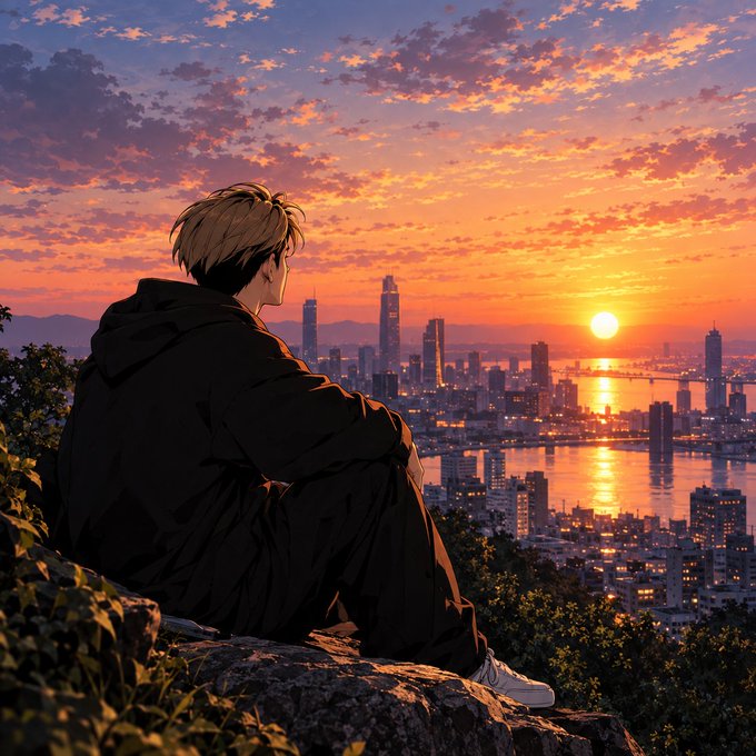 An anime-style illustration depicts a young person with blonde hair wearing a dark hooded jacket, sitting on a rocky outcrop and gazing out at a city skyline during a vibrant orange sunset.