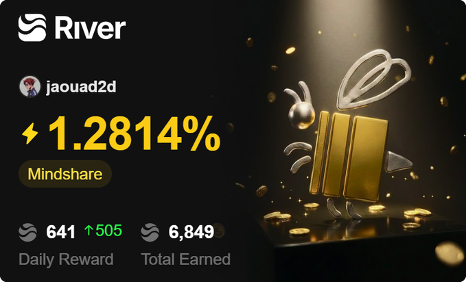 urn of gold coins, a bee with wings spread, and the text "RIVER" are displayed on a black background.