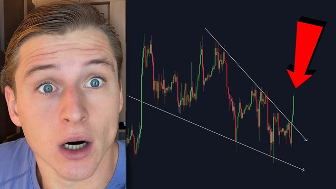 A young man with a shocked expression appears on the left side of the image, while the right side displays a Bitcoin candlestick chart showing a descending channel pattern with a large red arrow pointing to a bullish breakout, illustrating the post's announcement of a major Bitcoin price movement and revealed price targets.