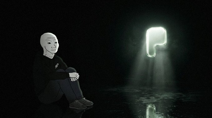 A melancholic figure sits alone in the darkness, gazing at a glowing "P" emblem that casts light onto a reflective surface, symbolizing the $WOJAK community's migration to the Pons family and a new hopeful chapter ahead.