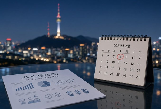 A 2027 February calendar with the 4th circled sits on a reflective surface, alongside a document titled "2027년 금융시장 전망" (Financial Market Outlook 2027), with a nighttime Seoul skyline featuring N Seoul Tower in the background.