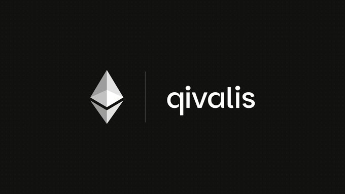 A logo featuring the Ethereum diamond symbol next to the word 'qivalis' on a black background.